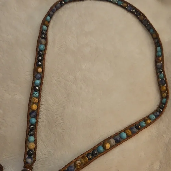 Bohemian Multi-Color Gemstone Beaded Leather Adjustable Wrap Bracelet - Picture 6 of 7